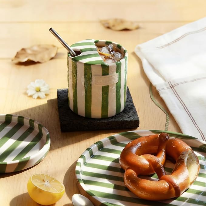 1 Pack Ceramic Mug with Sip Hole, Simple, Green | 10oz Ceramic Coffee Cup with Straws, Retro Hand Painted Striped, for Iced Coffee Tea Latte Espresso, Kitchen Dining Travel
