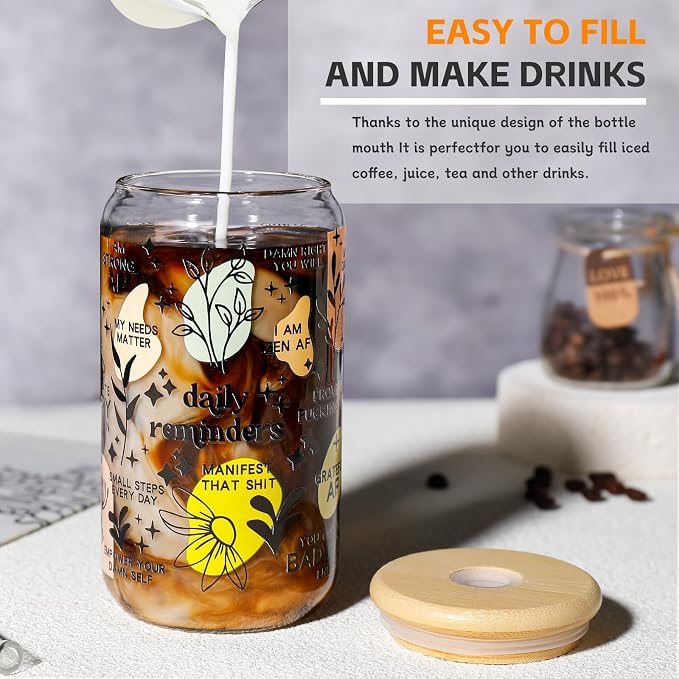 DWTS DANWEITESI Glass Cups with Lids and Straws with Design 4 pcs（Daily Reminder）,Clear Glass Cups 16 oz-Glass Tumbler,Cute Design Glass Iced Coffee Cups Mental Health Positive 480ml