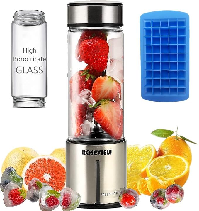 Portable Smoothie Blender ROSEVIEW Glass Cordless Mini Shakes Cup blend for smoothies USB rechargeable juicer 2 battery Handheld Personal travel Jet mixer (Black Steel) (Innox Steel)