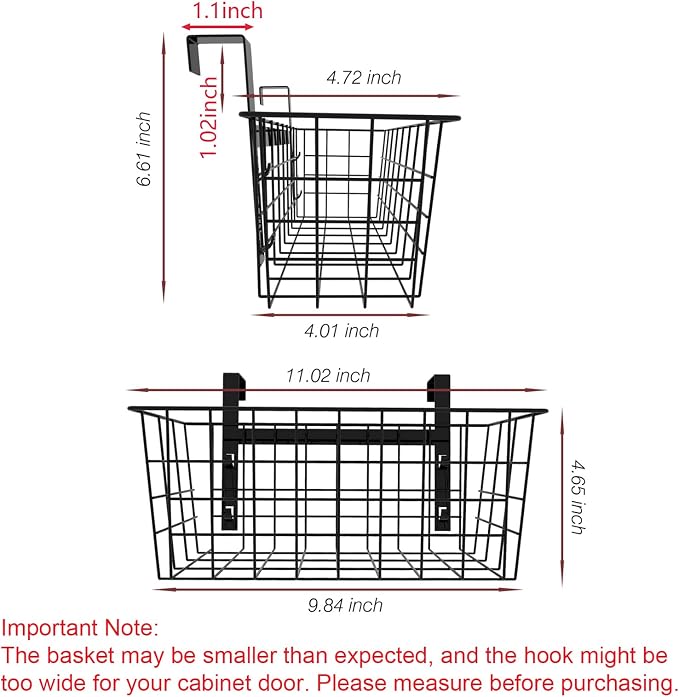 MaraFansie Basket with Hook, Grid Storage Basket, Over the Cabinet Door Organizer, Wire Hanging Basket with Hook Over the Railing, Under Sink Kitchen Cabinet, Pantry, Bathroom, Black, 4 Pack