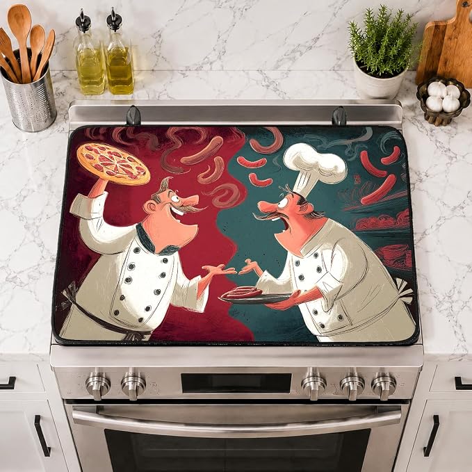 Electric Stove Top Cover for Glass Top, Funny Chef Pizza Decor – Heat Resistant Flat Stove Top Covers, Decorative Scratch Protector Mat for Glass Ceramic Cooktop, Non-Slip, 28"x20"
