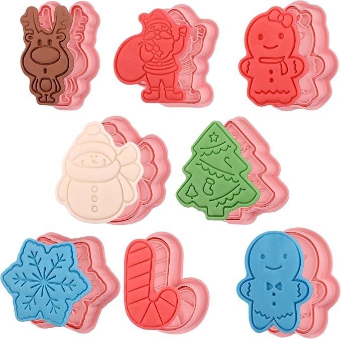 8Pcs Christmas Cookie Cutters with Plunger Stamp Set,Christmas Biscuit Mold | Different Shapes, Rich Textures, Gingerbread Boy/Girl Snowman Santa Claus Snowflake Christmas Tree Reindeer Cookie Cutters