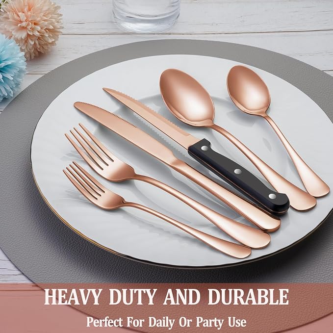 36 Pcs Rose Gold Silverware Set with Steak Knives, Stainless Steel Flatware Cutlery Set for 6, Kitchen Tableware Sets, Utensil Sets for Home and Restaurant, Dishwasher Safe