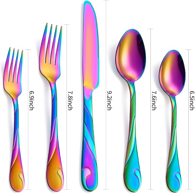Rainbow Silverware Set, 30-Piece Stainless Steel, Service for 6 | Flatware set for 6 with dinner and salad forks, knives, spoons and teaspoons, dishwasher safe for parties and weddings