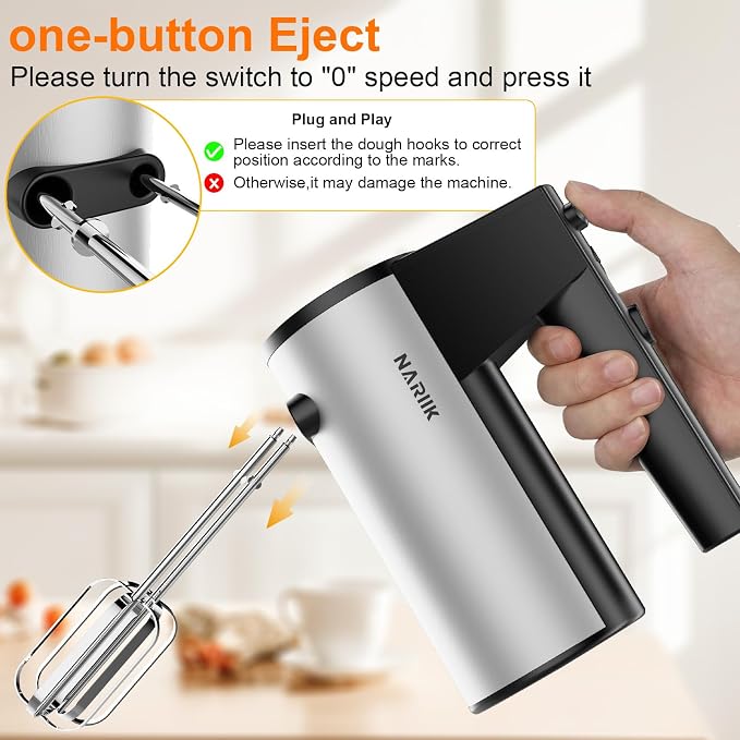 Electric Hand Mixer, 660W Kitchen Handheld Mixer 5 Speed Self Control Whisk 304 Stainless Steel One Click Eject Dishwasher Safe Mixer for Cream Cookies Dough（Black）