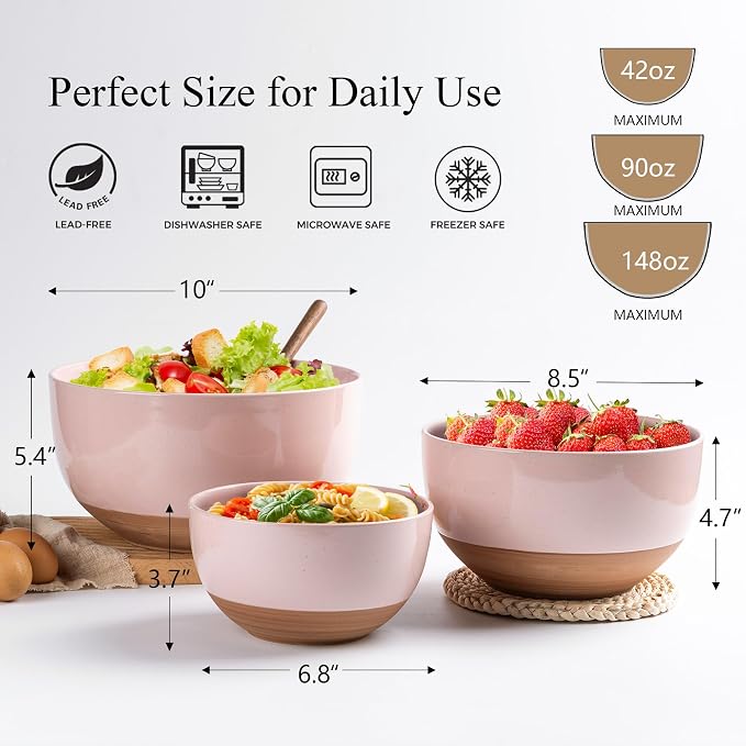 AmorArc Ceramic Mixing Bowls|Nesting Bowls Set of 3 for Kitchen|Stoneware Serving Bowls with Rustic Terracotta Underside for Mixing,Cooking,Baking,Salad| Microwave & Dishwasher Safe 4.6/2.8/1.3 Qt