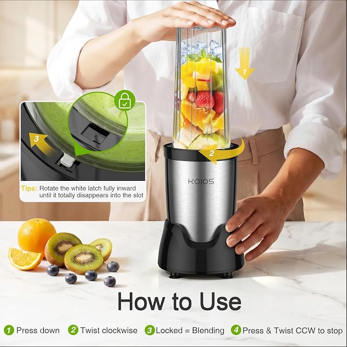 KOIOS Personal Blender for Smoothies with 3 x 22oz To-go Cups, BL319B Black | 22000 RPM Detachable Blade Countertop Blenders for Kitchen. Ideal for Baby Food, Protein Shakes, Ice Crushing & Fresh Juice