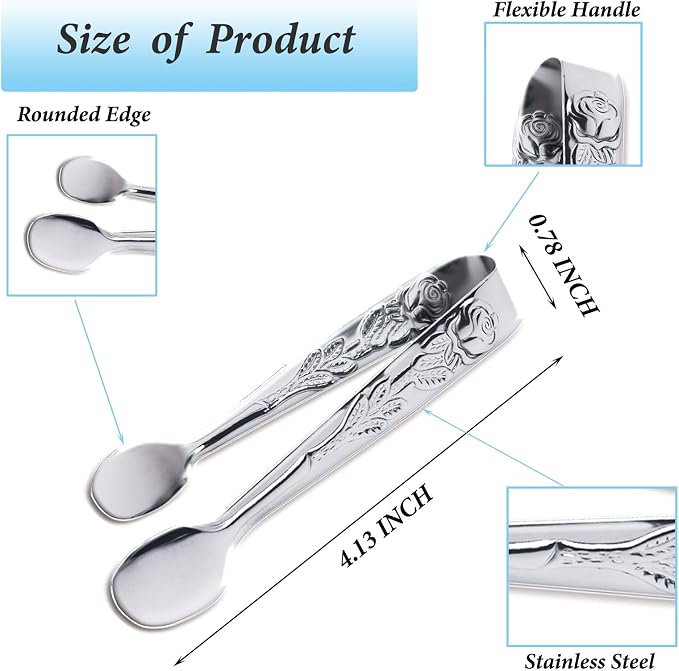 3PCS Mini Serving Tongs, 4Inch Rose Stainless Steel Sugar Cube Tongs, Sliver Small Ice Tong for Tea and Coffee Party, Appetizers, Desserts by Sunenlyst (Silver)