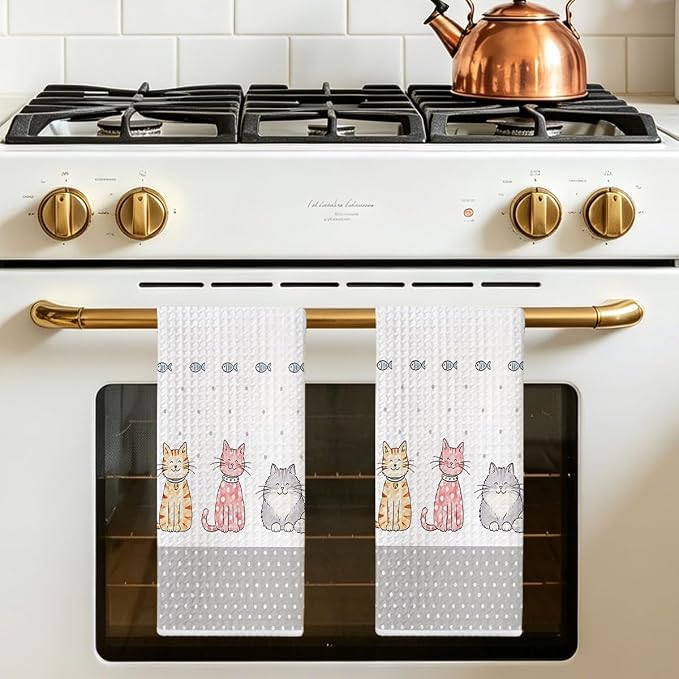 Jztco 2 Pcs Cute Cat Kitchen Towels, Cat Gifts Reusable Hand Towels | Cat Dish Cloths for Drying Dishes, Cats Waffle Dish Towels for Kitchen Bathroom Decor, Cat Lover Gifts for Women Grandma Mom