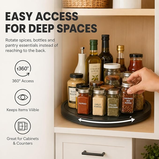 16Inch Lazy Susan Turntable - Heavy Duty Rotating Swivel Steel Ball Bearings - Flat Base Stand for TV/Computer/Monitor/Arts/Crafts/Bonsai/Christmas Tree/Cabinet Organizer(Plastic&Black)