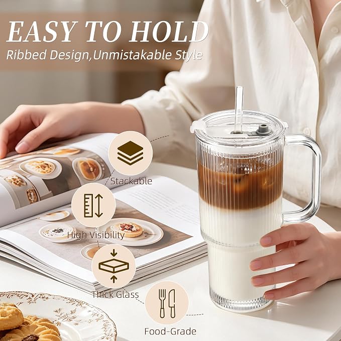 Iced Coffee Cups with Lids 2Pcs: Ribbed Glass Tumbler with Straw and Lid 24oz - Coffee Bar Accessories - Glass Cups and Tumblers with Lids and Straws - Tumbler Leak Proof - Coffee Tumbler with Handle