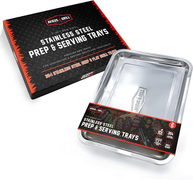 AVIEUS Grill Prep and Serving Trays | Set of 2 Stackable Stainless Steel Trays | Trays for Marinating, Serving & Chopping | Serving Platter for Plating Food & BBQ Prep Tub | Grilling Accessories