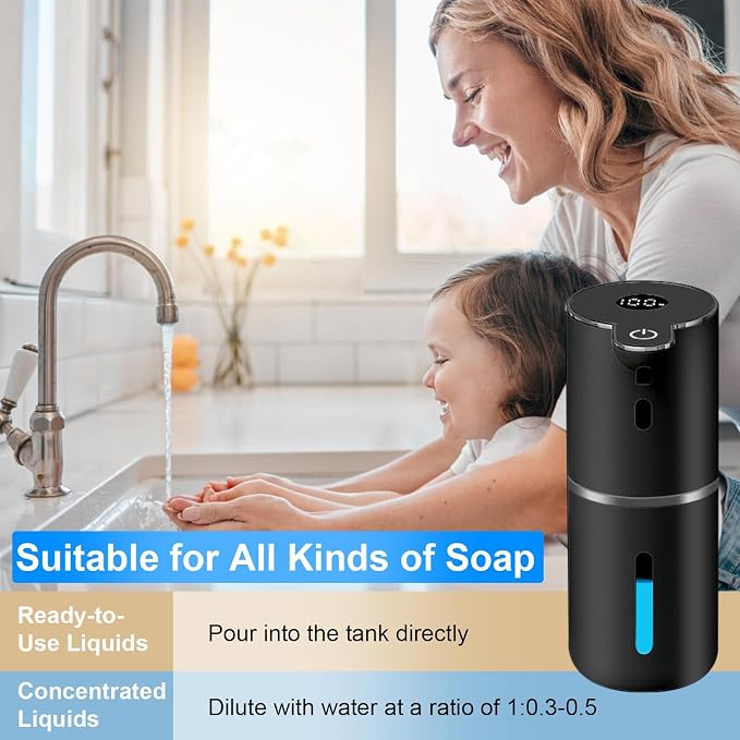 OHIFAST Automatic Liquid Soap Dispenser Touchless, USB Rechargeable Smart Hand Soap Dispenser, 6-Level Adjustable, 12.8oz/380mL, Compatible with Thick Thin Dish Soap for Bathroom Kitchen-Black