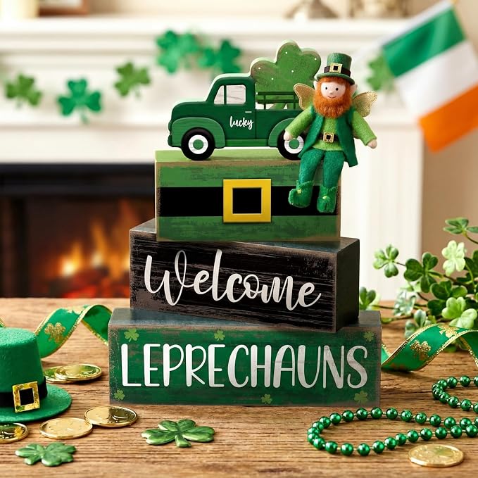 Lineshading 4 Pcs Wooden Leprechaun Block Signs Tiered Tray Decor | Rustic Farmhouse Shamrock Truck Signs, Stackable Tabletop Decor for St Patricks Day, Home Decor and Gifts