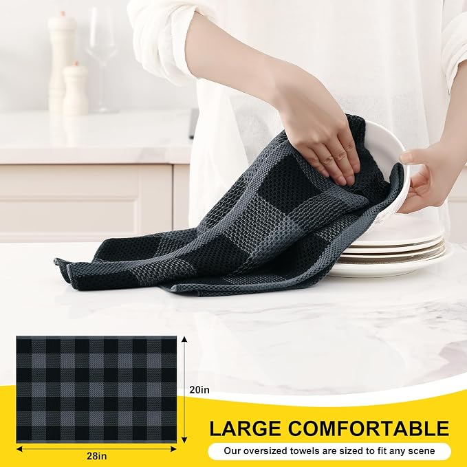 Homaxy Kitchen Towels and Dishcloths Set, Set of 8, Black & Grey | Bulk Cotton Waffle Weave Check Plaid Kitchen Towels, Super Soft and Absorbent Dish Cloths, 12 x 12 and 20 x 28 Inches