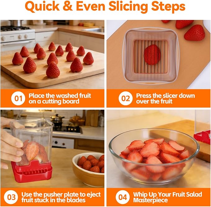 Strawberry Slicer Cup, Fruit Cutter – Quick-Slice for Meal Prep, Red | Dual-Function Base, Easy-Clean & Storable – 304 Stainless Steel Blade – Quick & Safe Slicing Kitchen Gadget