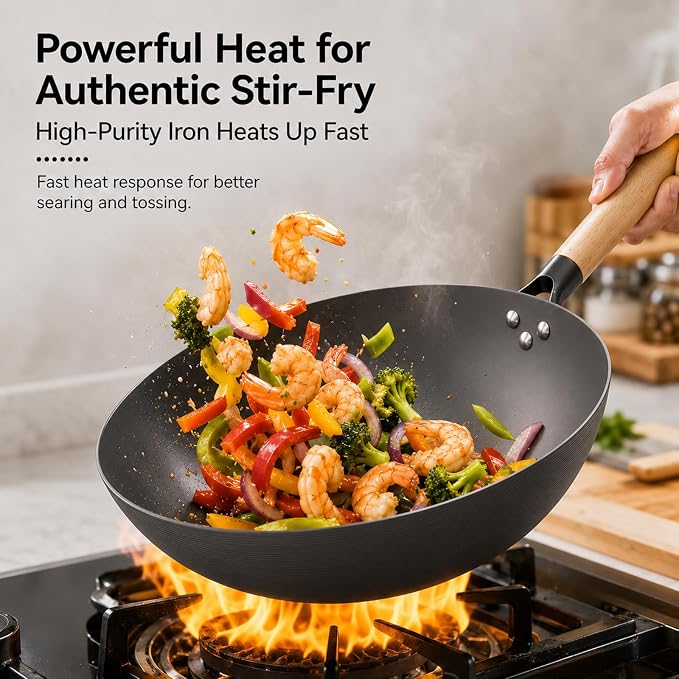 High-Purity Iron Carbon Steel Wok with Lid, 11.8 Inch Flat Bottom Wok Pan, Uncoated Stir Fry Pan with Wood Handle, Compatible with Gas, Electric, Induction and Ceramic Stoves