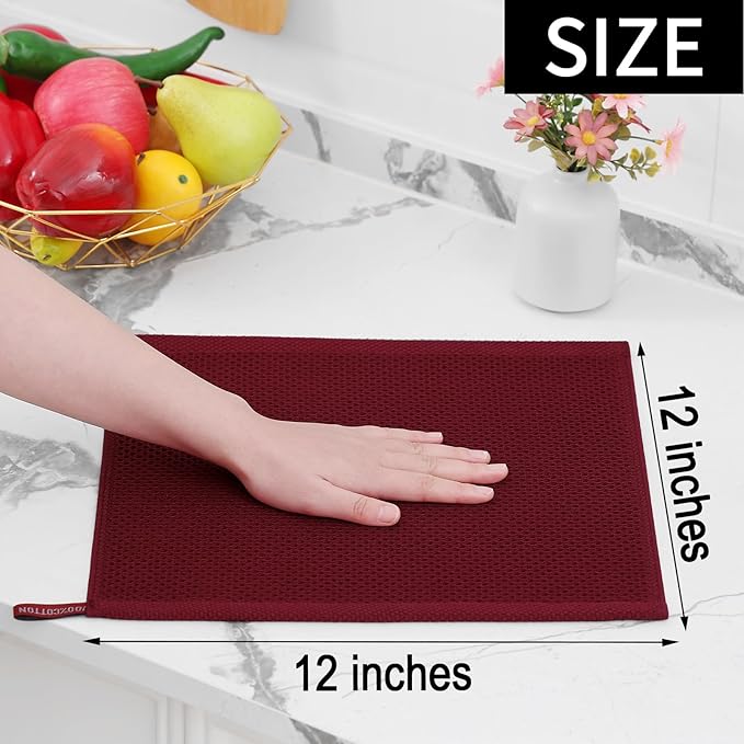 Homaxy 100% Cotton Waffle Weave Kitchen Dish Cloths 12-Pack, Burgundy | 12 x 12 Inches, Ultra Soft Absorbent Dish Towels, Quick Drying Dish Rags with Hanging Loop
