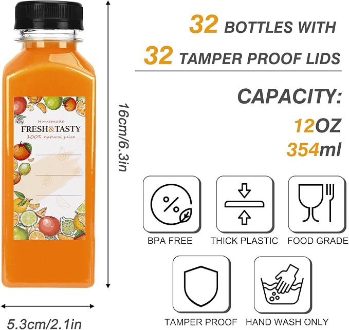 32pcs 12oz Plastic Juice Bottles with Caps, Sticker Labels, Brush | Clear Reusable Juice Containers with Lids and Labels, Funnel, Brush, Beverage Containers for Juicing, Smoothies, Tea, Milk