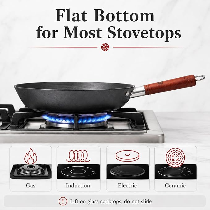 WANGYUANJI 11 Inch Cast Iron Skillet with Glass Lid, Uncoated Cast Iron Frying Pan for Steak, Eggs, Sautéing,Flat Bottom Skillet for Gas, Electric & Induction Cooktops
