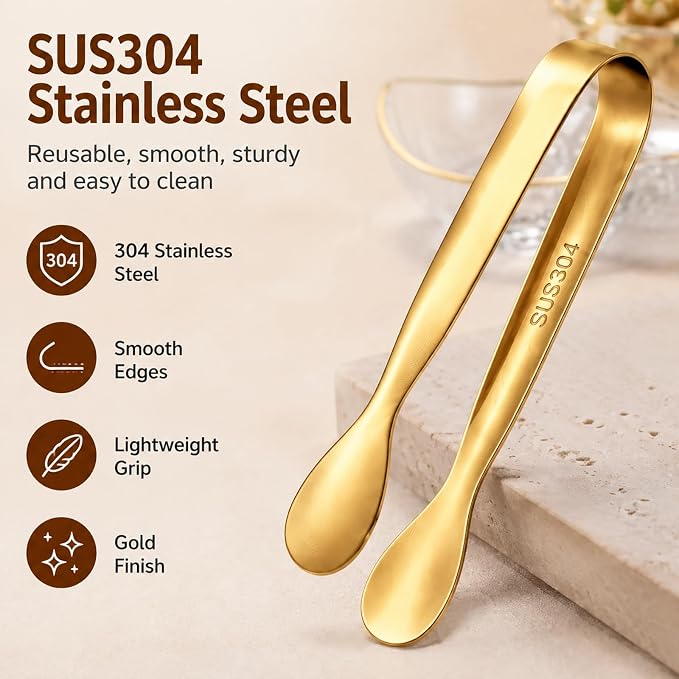 Mini Serving Tongs Set of 8, 4.25" Gold Stainless Steel Spoon Design | Perfect for Sugar Cubes, Charcuterie, Tea Parties, Dessert Bars, Candy Buffets. Elegant Multi-Station Serving for Events
