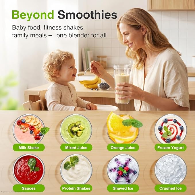 KOIOS Personal Blender for Smoothies with 3 x 22oz To-go Cups, BL319B Black | 22000 RPM Detachable Blade Countertop Blenders for Kitchen. Ideal for Baby Food, Protein Shakes, Ice Crushing & Fresh Juice