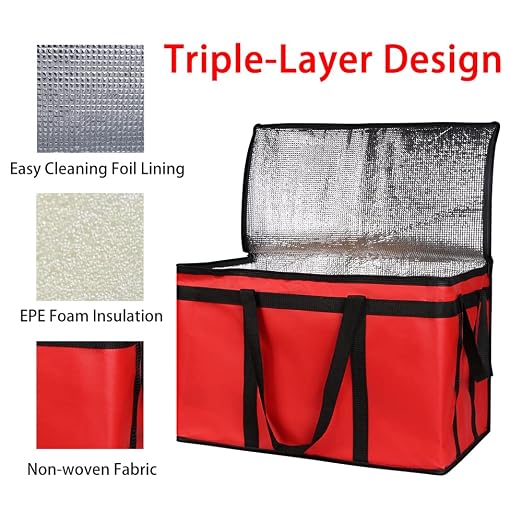 Bodaon 5-Pack Insulated Food Delivery Bag, XXX-Large Bag Without Hard Bottom, Red