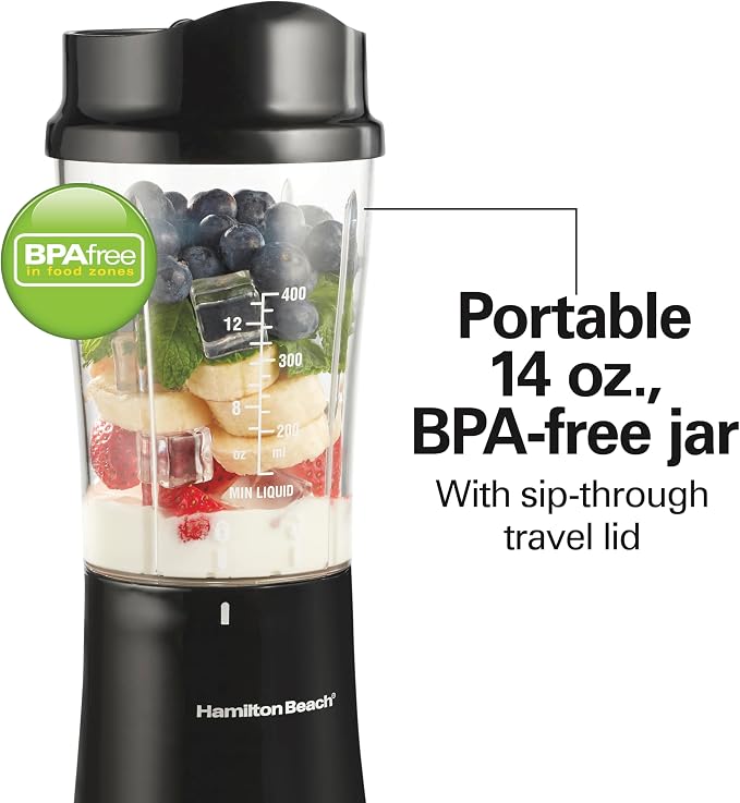 Hamilton Beach Portable Blender for Smoothies With 14 oz. Travel Jar | BPA Free Jar & Lid | Durable Stainless Steel Blades | 300 Watts Peak Power | Personal Smoothie Blender | Black | 51101AG