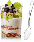 Okllen 100 Pack Mini Dessert Cups with Spoons, 3 Oz Round Shot Cups Plastic Dessert Shooters, Appetizer Parfait Cups Shot Glasses for Chocolate Desserts, Ice Cream, Puddings, Tasting Party