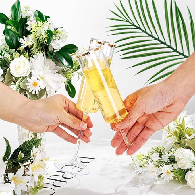 Ciaell 24 Pack Gold Plastic Champagne Flutes for Weddings Birthdays | 6 oz Clear Gold Rim Square Toasting Cups, Heavy Duty Plastic, Champagne Wine Mimosas Cocktails for Anniversaries Parties Bars