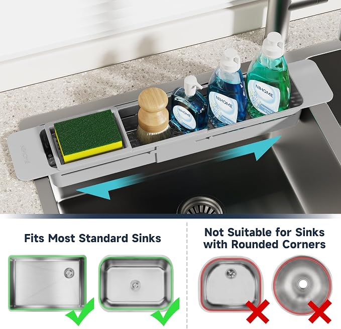 NiHome Extendable Kitchen Sink Caddy Extra Long Brush Sponge Storage Holder | Expandable Kitchen In Sink Organizer Extra Long for Brush & Sponge with Drainage, Adjustable Length, Non-Slip Pads (Gray)