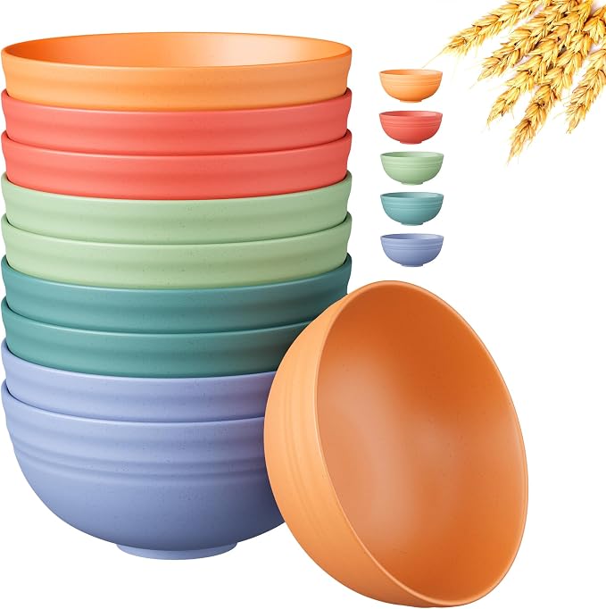 Quatish 10 PCS Unbreakable Cereal Bowls,Dishwasher & Microwave Safe Wheat Straw Bowls, Easy-to-Clean Lightweight Desserts & Soup Bowl, Portable for Picnics ，Snack Plastic Bowls Set，Multi-Color