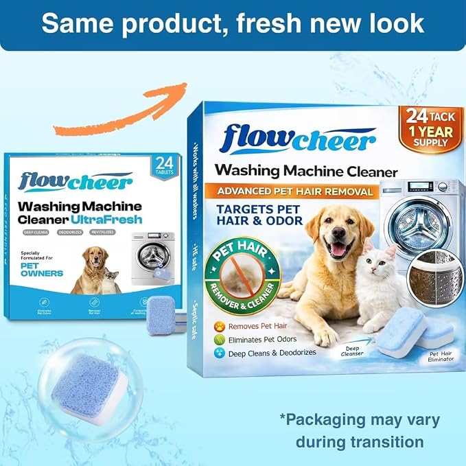 flowcheer Washing Machine Cleaner for Pet Hair 24 Tablets, 1 Year Supply | Odor Deep Cleaning Tablets for Washer Drum & Tub – Breaks Down Odor-Causing Buildup, Loosens Pet Hair Residue