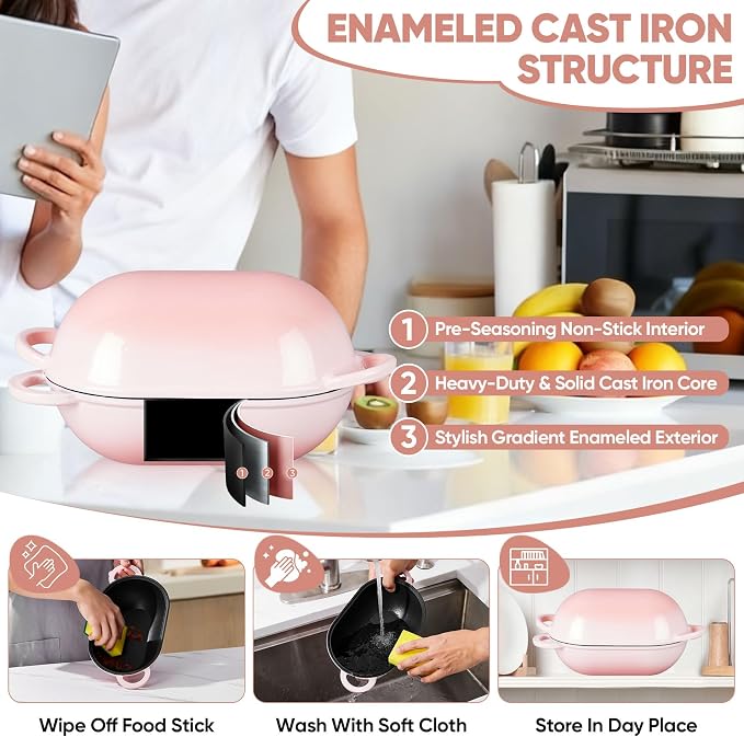 TeamFar Enameled Cast Iron Bread Loaf Pan, 2 QT Oval Dutch Oven with Lid | for Sourdough Bread Baking, Enameled Meatloaf Loaf Baking Pan with Lid, Even Heat Distribution & Self-Basting, Pink