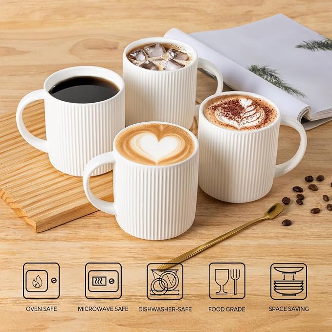 theterra Ceramic Coffee Mugs Set of 4, 14.2 oz Coffee Cups with Handle | Handmade, Suitable for Latte, Tea, Milk, Beer & Hot Cocoa, Bright White