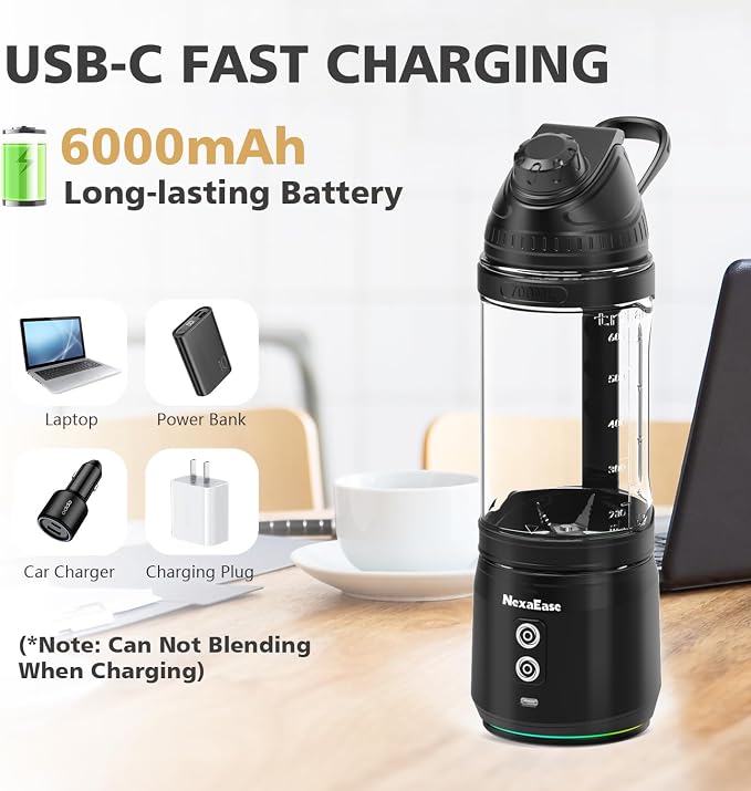 Portable Blender Personal Juicer for Shakes Smoothies with Travel Lid | 24 Oz Electric Protein Shaker Bottle, USB-C Rechargeable, Mini Small Cordless Blender Cup for Kitchen Travel Gym