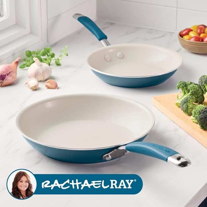 Rachael Ray Cucina Ceramic Nonstick Frying Pans/Skillet Set, Dishwasher Safe, 8.5 inch and 10 inch Open Fry Pans - Marine Blue