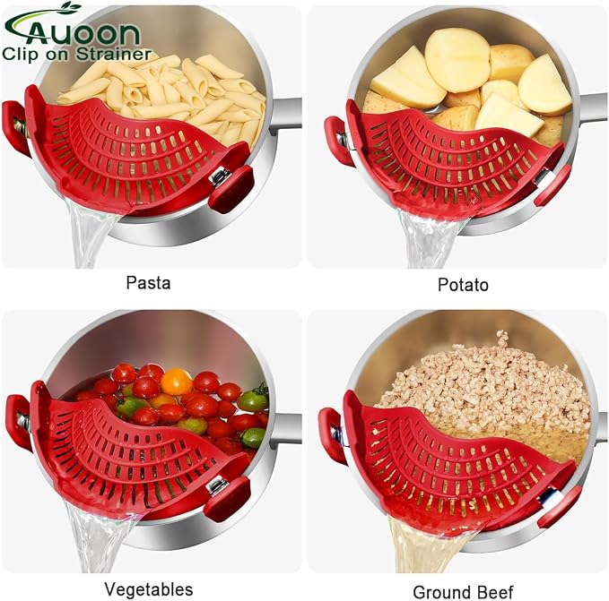 AUOON Pot Strainer Clip on Silicone, Large 10.45 x 4.33 in, Red | Fits Pots Pans Bowls, Dishwasher Safe, for Pasta Noodles Vegetable Fruits, Space-saving Kitchen Gadget
