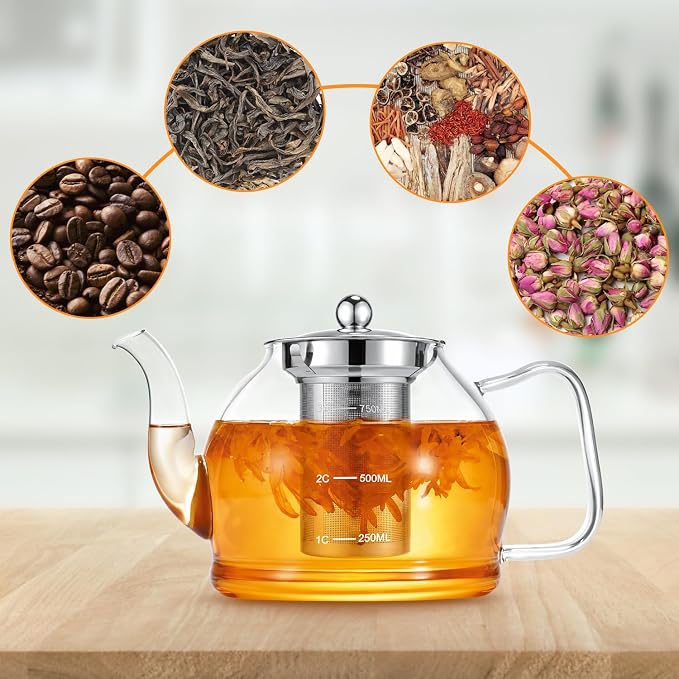 STNTUS Glass Teapot With Infuser, 27 oz / 800 ml for Loose Tea, Stainless Steel Strainer Teapots, Stovetop Safe