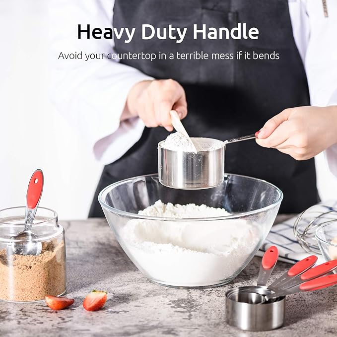 U-Taste Measuring Cups Spoons Set, 18/8 Stainless Steel, 10Pcs, Red | Upgraded Thickened Handle, Reinforced Welded Joints, Nested Stackable Design, Metal Measure Set for Kitchen Baking Cooking