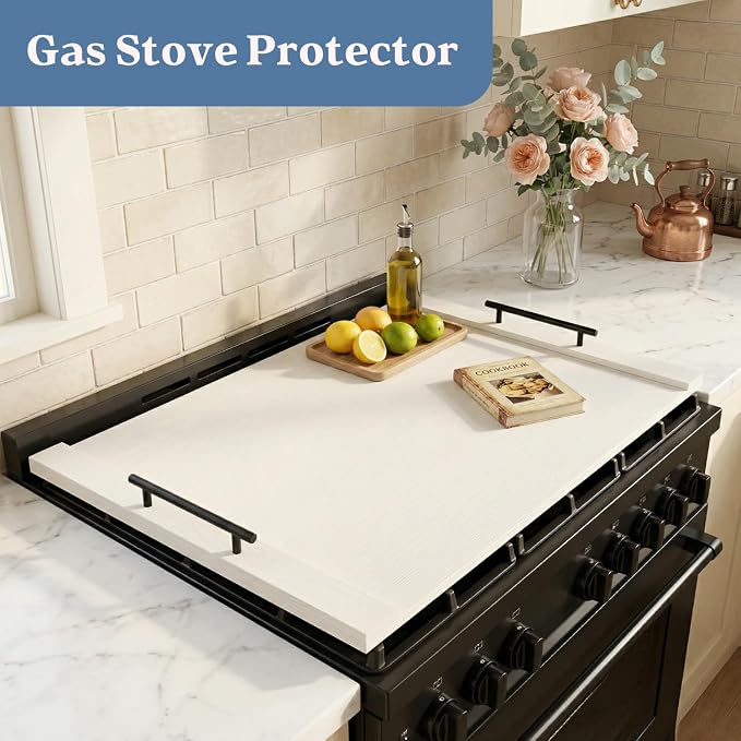 White Stove Top Cover for Gas & Electric Range | 30"x22" Farmhouse Noodle Board with Handles | RV Kitchen Workspace Saver