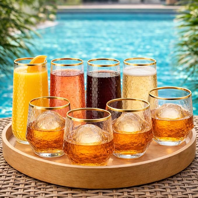 Oojami 48 Pack Plastic Champagne Flutes Stemless 9oz & 12oz Gold Rim Ribbed | Disposable Champagne Glasses, Mimosa Cups, Heavy Duty BPA-Free Shatterproof Recyclable, Wedding Birthday Cocktail Party