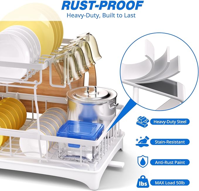 2-Tier Dish Drying Rack - Dish Rack with Auto Drain-to-Sink & Mat | Dish Racks for Kitchen Counter, Dish Drainer with Knife Fork & Cup Rack, Gifts for Women, Mothers Day, Kitchen Gadgets, White