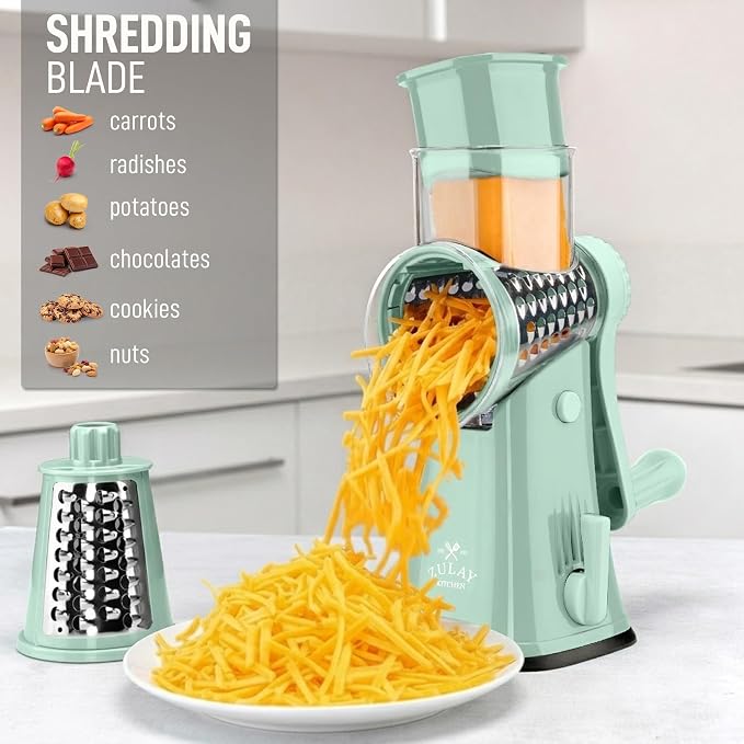 Zulay Kitchen Rotary Cheese Grater 5 Blade Cheese Shredder - Manual Hand Crank Cheese Grater With Reinforced Suction & 5 Interchangeable Drums - Easy to Use, Vegetable Chopper Round Mandoline Slicer