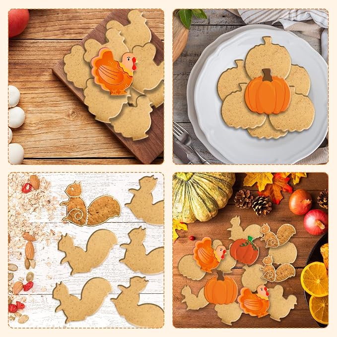 Thanksgiving Cookie Cutters, Fall Cookie Cutters, Leaf Cookie Cutters, Pumpkin Cookie Cutter, 3PCS Large 3.2" to 3.6" Autumn Cookie Cutters Fall Theme Holiday Shapes of Turkey, Squirrel, Pumpkin
