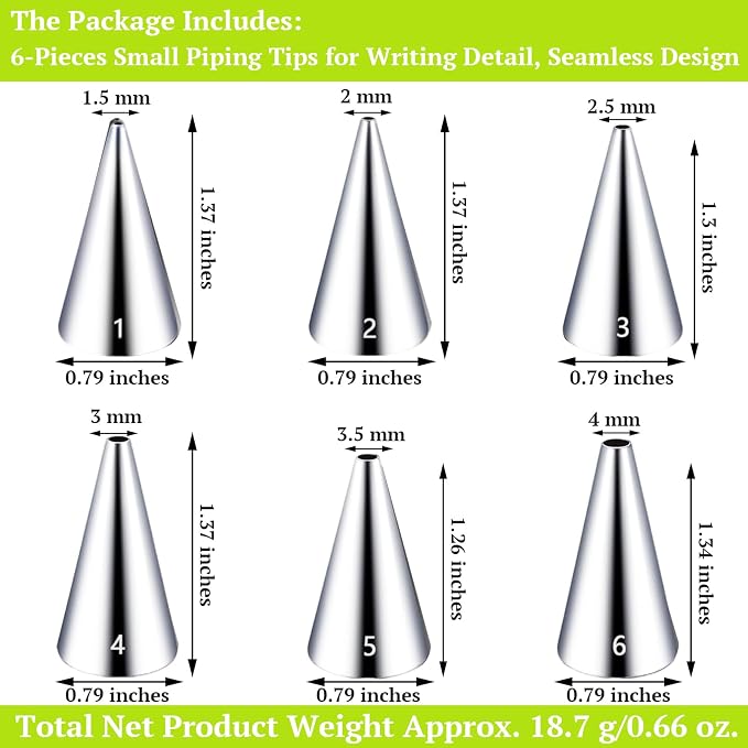 Suuker Round Piping Tips Set, 6-Piece Cake Decorating Tips | 6 Small Round Icing Tips for Lettering, Dots, Borders and Detailed Cake, Cupcake and Cookie Decorating