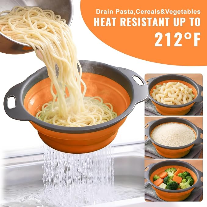 2 Pack Collapsible Silicone Colander with Handle, Over Sink Foldable Food Strainer, BPA-Free Space Saving Drain Basket for Vegetables, Fruits, Pasta, Kitchen & Camping (Orange)