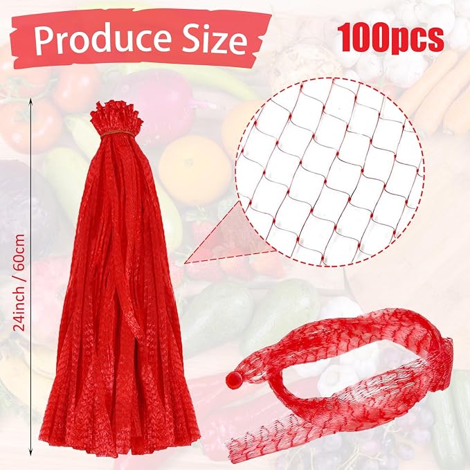 100Pcs Reusable Mesh Produce Bags, 16 Inch Stretchable Mesh Vegetable Bags for Vegetables Onion Potato Storage Fruits Seafood (100Pcs-red)