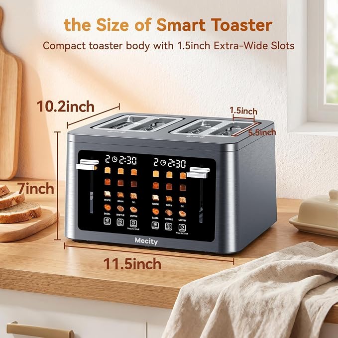 Mecity 4 Slice Touchscreen Toaster, 6 Bread Modes & 6 Browning Levels, Dual Touch Control Wide Slot Stainless Steel Electric Toaster with Memory, Defrost, 3-Min Auto Shutoff for White, Bagels, Waffles