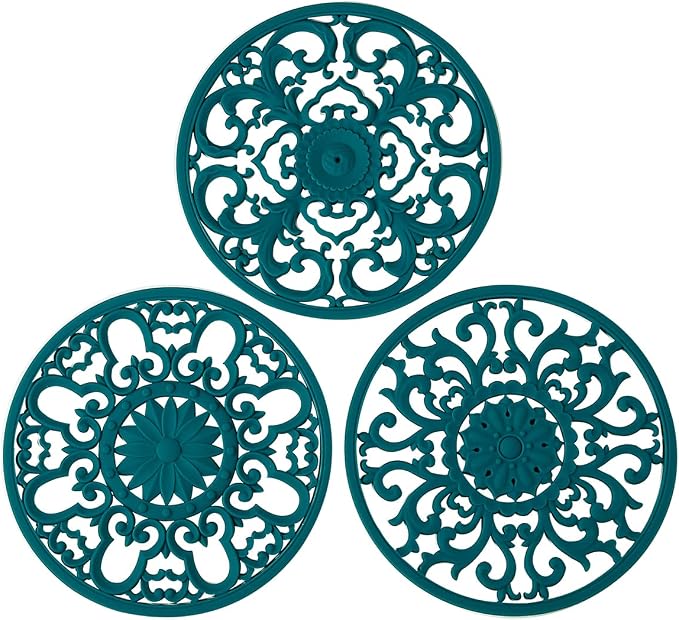 Extra Thick Silicone Trivet Mat for Hot Dishes, Hot Pots and Pans, Pot Holder, Hot Pad to Protect Your Table and Countertop, Kitchen Decor and Accessories,Teal, Set of 3